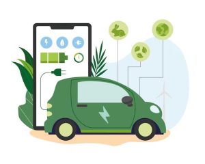 Ilustração de carro elétrico verde conectado a um smartphone com ícones de energia, simbolizando sustentabilidade.