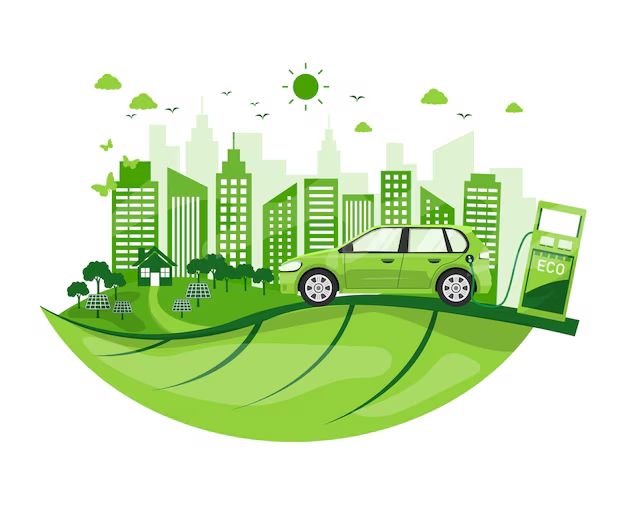 Ilustração de carro ecológico verde em posto de recarga sustentável, com cidade ao fundo, árvores e painéis solares.