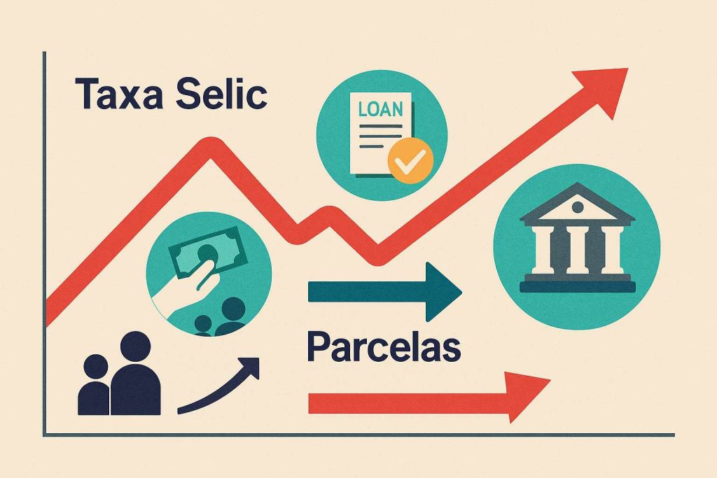 Ilustração de gráfico com linha vermelha em alta, título Taxa Selic e ícones que representam empréstimos, parcelas e instituições financeiras.