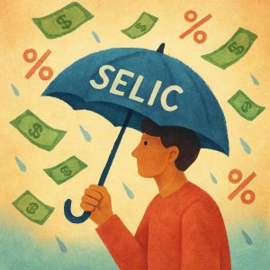 Ilustração de pessoa segurando um guarda-chuva azul com a palavra SELIC, protegendo-se de notas de dinheiro e símbolos de porcentagem que caem como chuva.