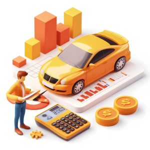 Ilustração em 3D de um carro amarelo sobre gráficos financeiros, acompanhado de moedas, calculadora e um homem analisando documentos, simbolizando custos e planejamento de compra de automóvel.