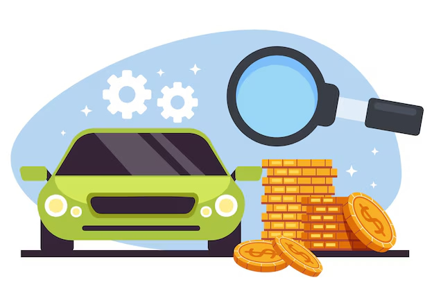 Ilustração de um carro verde ao lado de pilhas de moedas douradas e uma lupa, simbolizando avaliação financeira e valor de veículos.