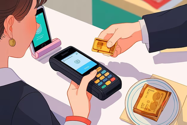 Pessoa usando cartão de crédito dourado em uma maquininha de pagamento, simbolizando compras e transações financeiras modernas.