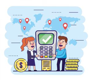 Ilustração de homem e mulher de negócios segurando uma máquina de cartão gigante, representando pagamentos digitais e transações financeiras globais.