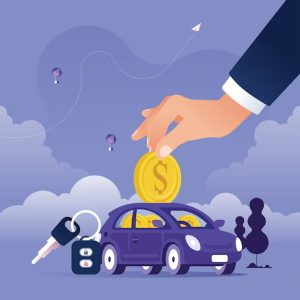 Ilustração de uma mão colocando uma moeda em um carro roxo, simbolizando financiamento ou empréstimo de automóvel, com chaves do carro ao lado e nuvens ao fundo.