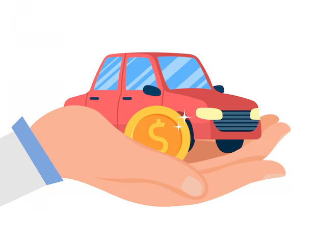 Gráfico de um carro vermelho apoiado sobre uma mão segurando uma grande moeda dourada, representando financiamento de carro, empréstimo automotivo ou suporte para compra de veículo.