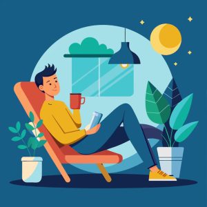Homem relaxando em uma cadeira confortável, segurando uma caneca e um celular, em um ambiente aconchegante com plantas e janela iluminada pela lua.