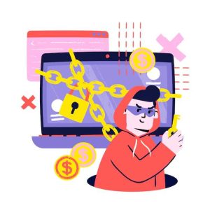 Ilustração de hacker de moletom vermelho segurando chave dourada em frente a laptop com correntes e cadeado, representando golpe financeiro.