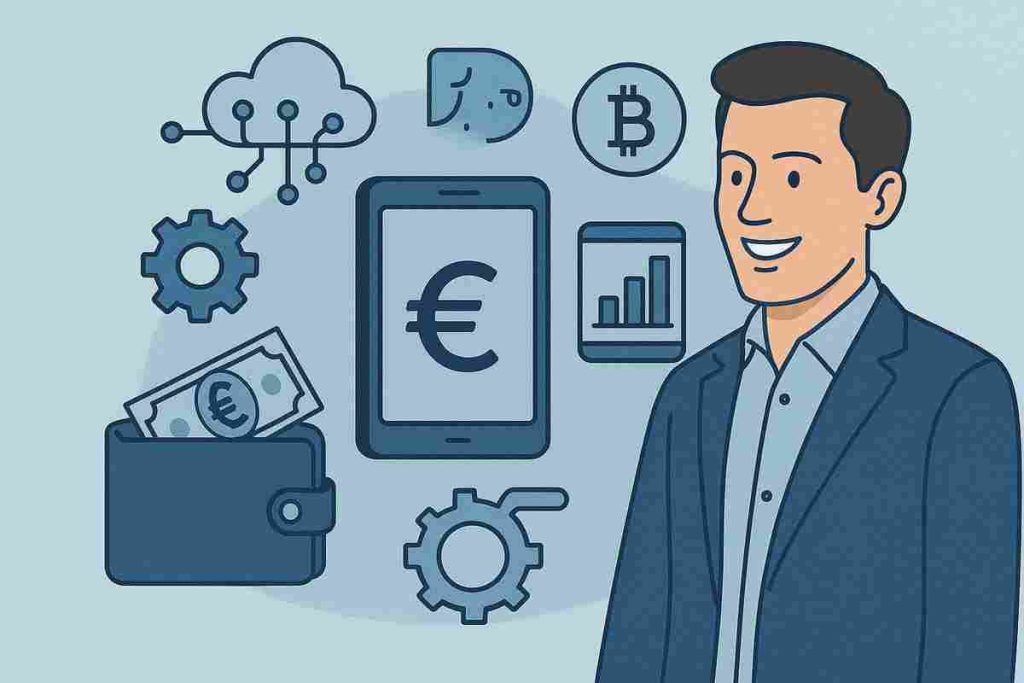 Ilustração vetorial de um homem sorridente vestindo um blazer azul e camisa clara, simbolizando um profissional do setor financeiro ou tecnológico. Atrás dele há ícones representando tecnologia financeira e criptomoedas, incluindo uma nuvem conectada, o símbolo do bitcoin, uma carteira com notas de euro, engrenagens e gráficos em dispositivos móveis. O estilo é limpo e moderno, com tons suaves de azul e cinza, evocando inovação digital e finanças inteligentes.