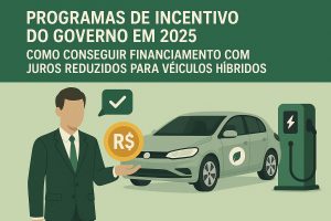 Ilustração em tons de verde sobre programas de incentivo do governo em 2025 e financiamento com juros reduzidos para veículos híbridos. No topo, aparece o texto “PROGRAMAS DE INCENTIVO DO GOVERNO EM 2025” e abaixo “COMO CONSEGUIR FINANCIAMENTO COM JUROS REDUZIDOS PARA VEÍCULOS HÍBRIDOS”. Na parte inferior, um personagem ilustrado de terno segura um ícone circular com “R$”, ao lado de um balão com símbolo de confirmação (check). Ao centro, há um carro cinza com símbolo de folha na porta, indicando sustentabilidade. À direita, um carregador elétrico com ícone de raio reforça o tema de eletrificação e mobilidade híbrida.