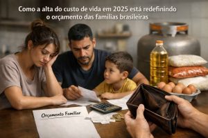 Imagem fotográfica mostrando uma família brasileira genérica sentada à mesa analisando o orçamento doméstico em 2025. Uma mulher adulta aparenta preocupação ao apoiar a cabeça na mão, enquanto um homem adulto examina contas e recibos com atenção. Uma criança observa os adultos com expressão séria. Sobre a mesa há papéis, moedas, uma calculadora e uma carteira vazia sendo segurada em primeiro plano. Ao fundo, aparecem itens básicos como botijão de gás, óleo de cozinha, arroz e ovos, simbolizando o aumento do custo de vida e o impacto nas finanças familiares.