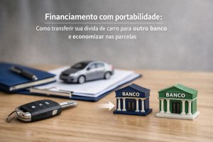 Imagem conceitual sobre financiamento com portabilidade de dívida veicular. Sobre uma mesa de madeira aparecem a chave de um carro, uma prancheta com documentos e um carro em miniatura ao fundo. Em primeiro plano, dois prédios bancários em miniatura, um azul e outro verde, ambos com a palavra ‘Banco’, são ligados por uma seta branca indicando a transferência do financiamento entre instituições. No topo da imagem, o texto explica como transferir a dívida de um carro para outro banco e economizar nas parcelas.